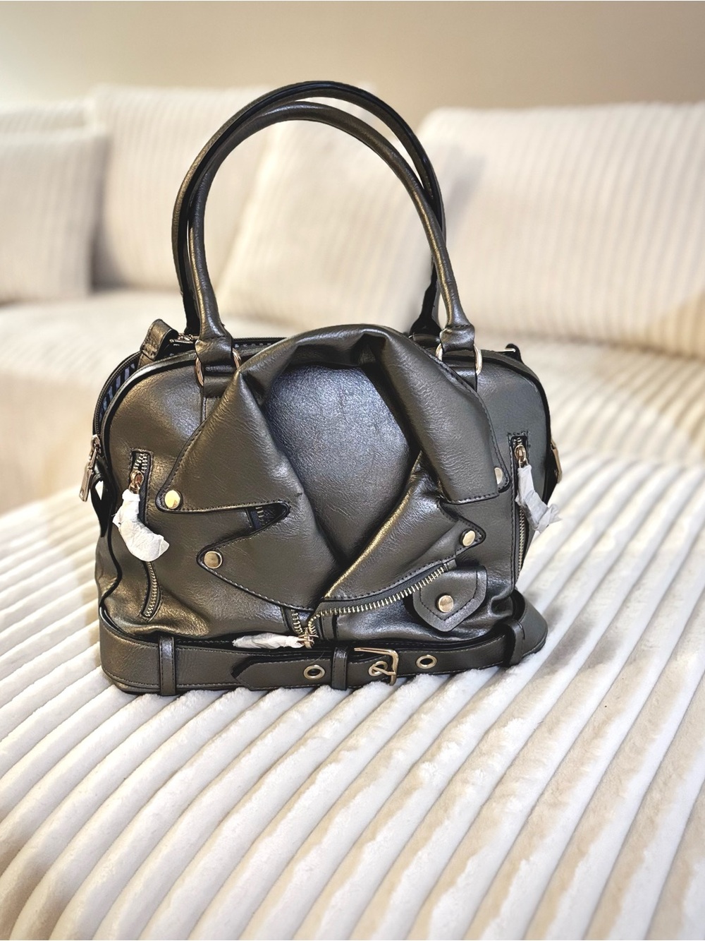 LA MIEL Grey Moto-Style Satchel with Belt Detail
